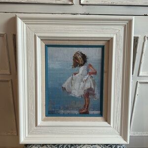 Wood Framed Painting of Girl in White Dress